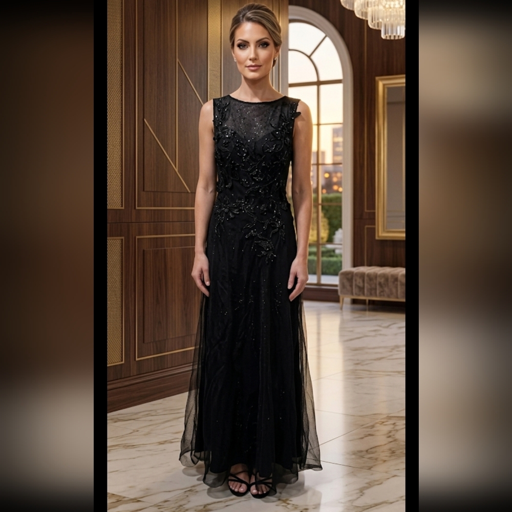 tanpell black mesh sleeveless beaded floral applique Black Evening Dress